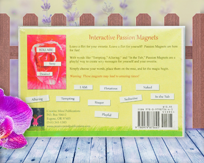 Passion Affirmation on small metal board. Sexy, flirty, word kit for writing love notes and erotic chants. Passion Affirmation comes with a dew covered rose magnet, and I AM and YOU ARE and 54 naughty, suggestive words.